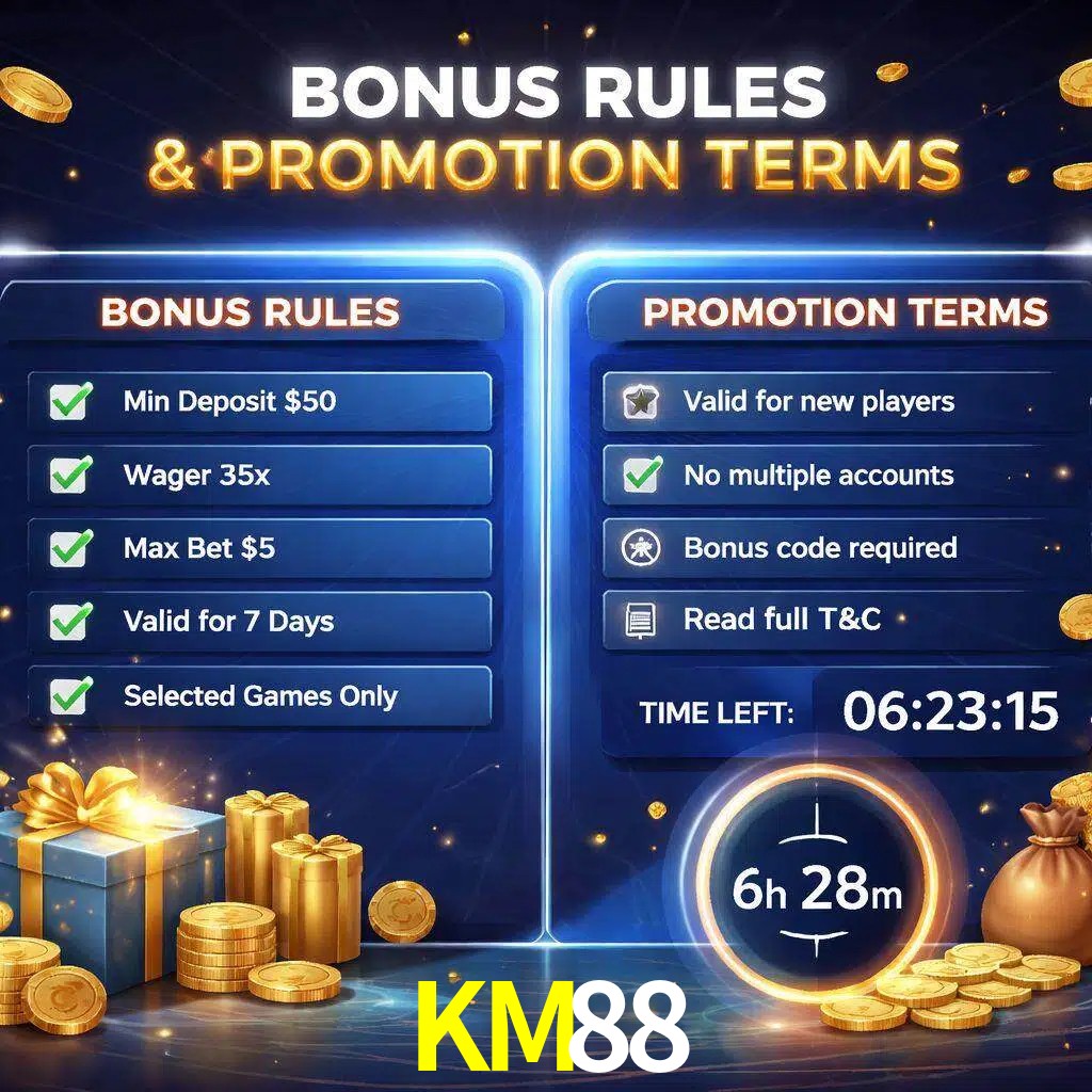 Reglas de promoción KM88 y condiciones de bonos explicadas visualmente