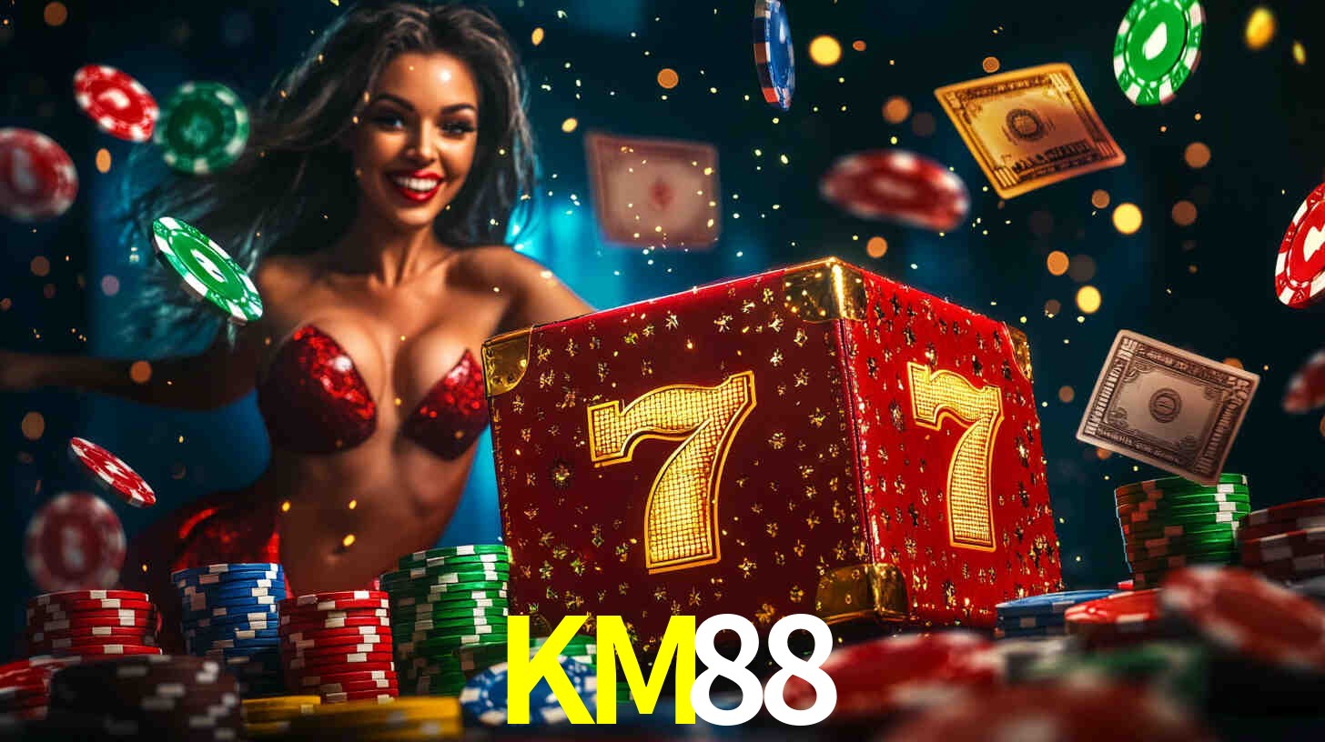 Una escena digital vívida inspirada en casino con KM88 mostrado prominentemente, luces brillantes, fichas, cartas y acentos dorados.