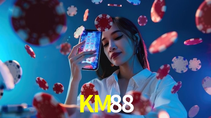 Escena dinámica inspirada en casino con iluminación KM88, cartas, fichas e íconos de juegos digitales en un espacio moderno de juegos.