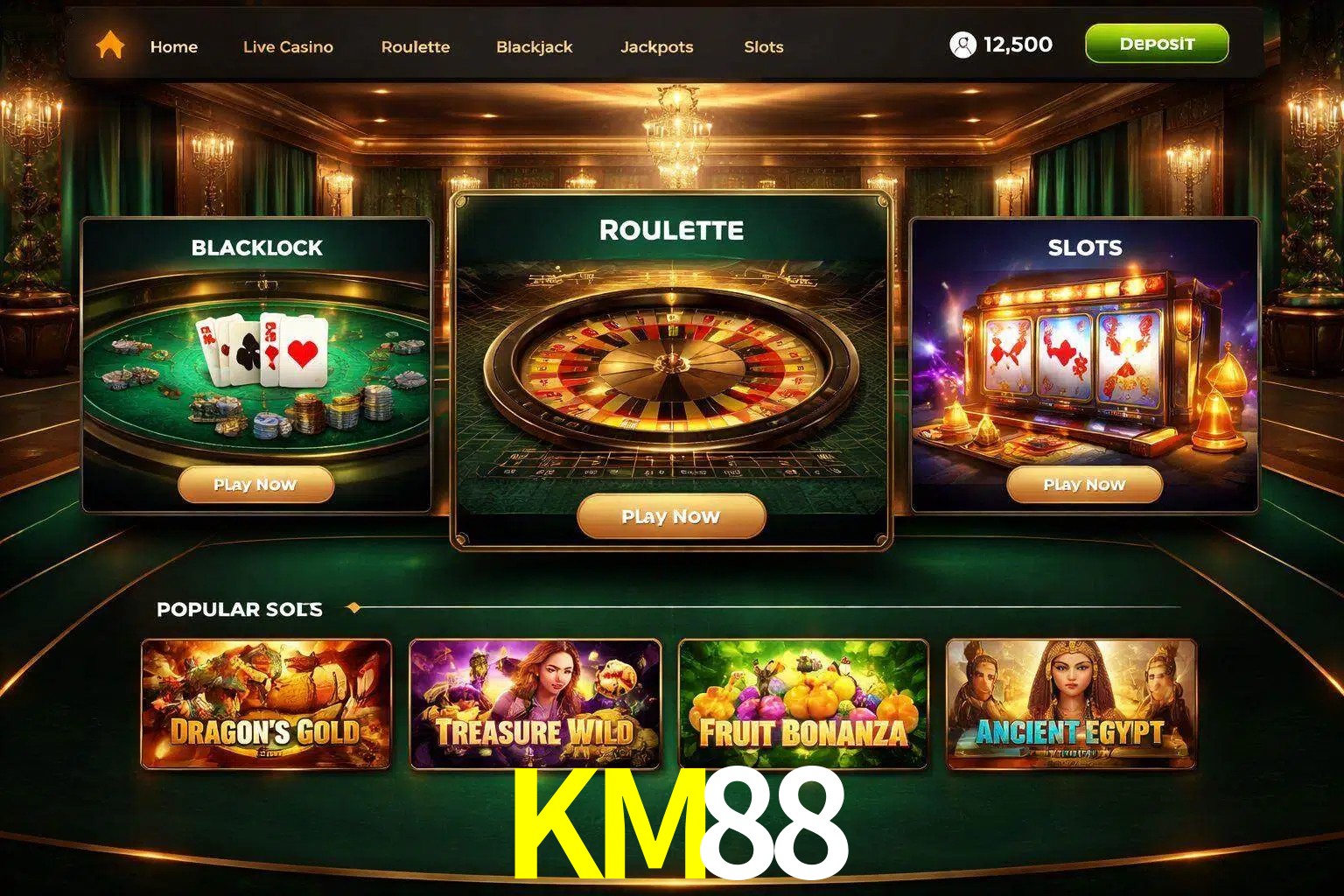 Vista de la plataforma KM88 Casino mostrando categorías organizadas de juegos en línea